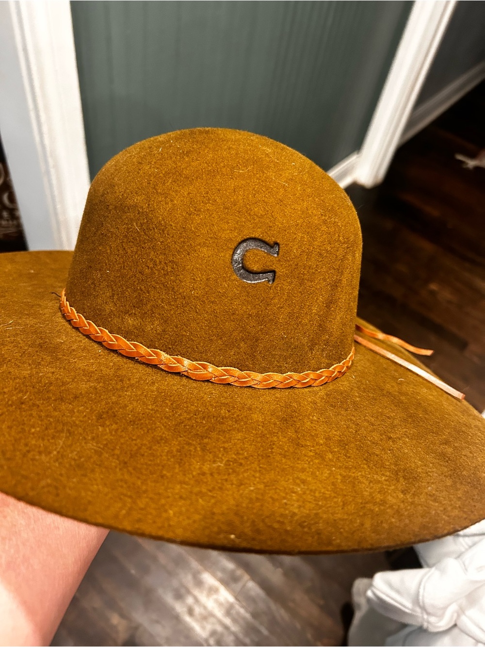 Charlie 1 horse Wide Brim Felt Hat in Mustard with Braided Trim, wanderlust